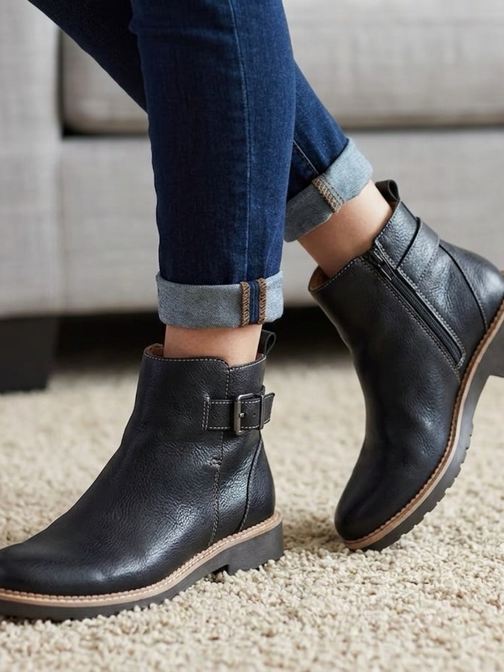 Women's Black Leather Ankle Booties with Side Buckle and Zip